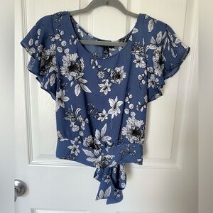BCX Blue and White Flutter Sleeve Crop Top
